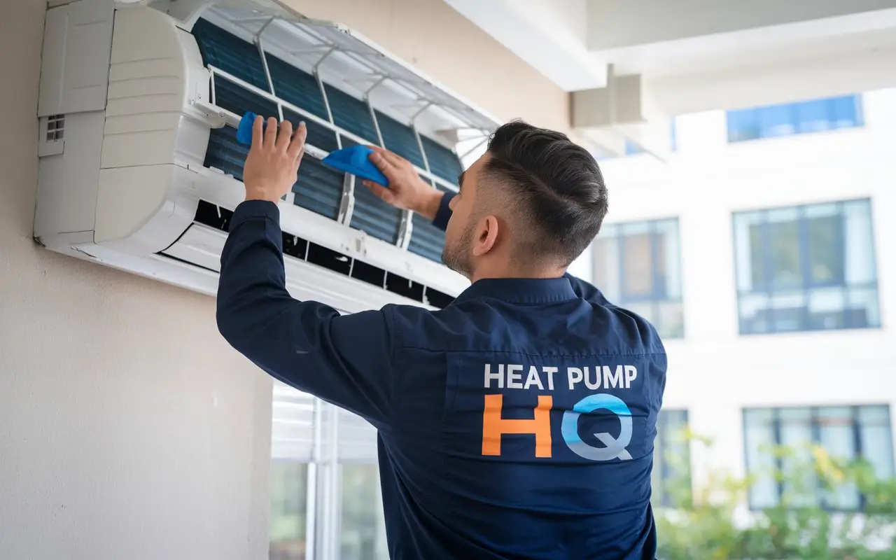 Heap Pump HQ technician cleaning a heat pump in Christchurch