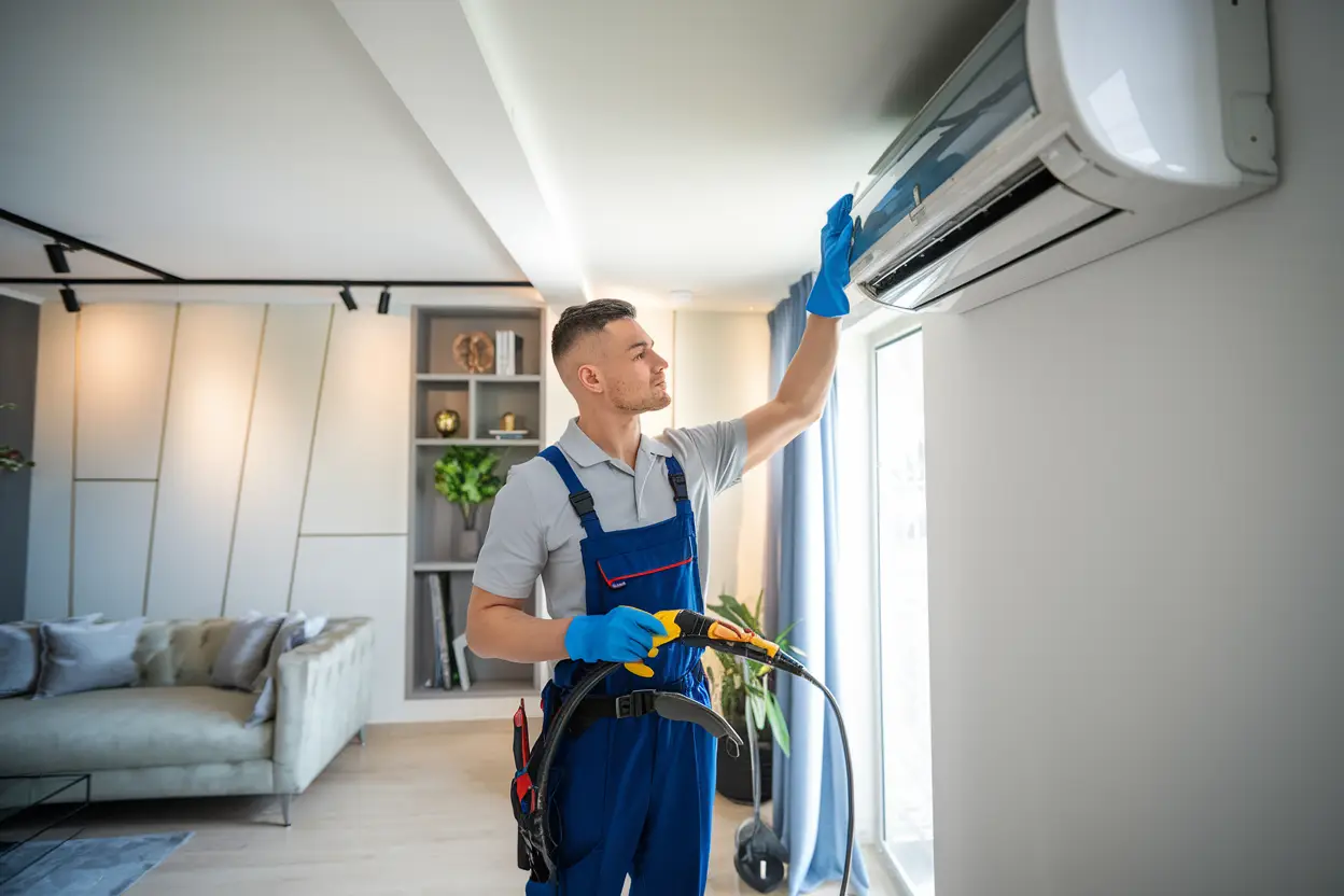 A technician carefully cleaning and deodorising a heat pump in a modern home, using professional tools and wearing a uniform, with the heat pump unit visible on the wall in the background.