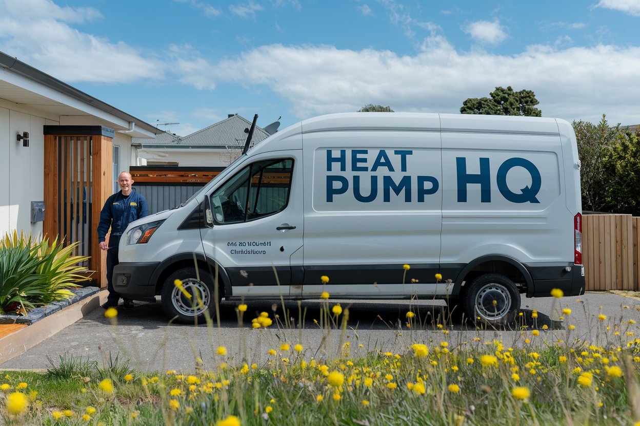 Heat Pump HQ technician standing next to his van in Christchurch