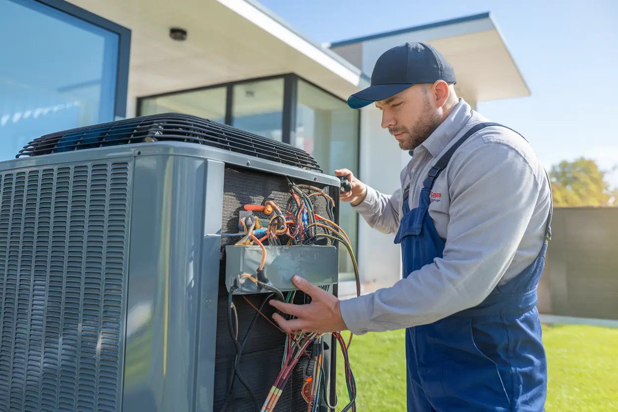 A technician performing maintenance on a heat pump unit outside a modern home, holding tools while inspecting the system under clear sunny skies.