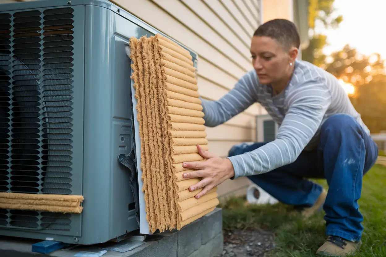 A person installing noise insulation around a heat pump outside of a house, focused and carefully placing soundproof materials, realistic setting with warm outdoor lighting.