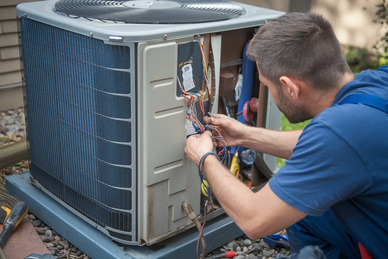 Technician replacing parts on a heat pump unit, focused on their work, tools scattered around, outdoor setting, realistic lighting.