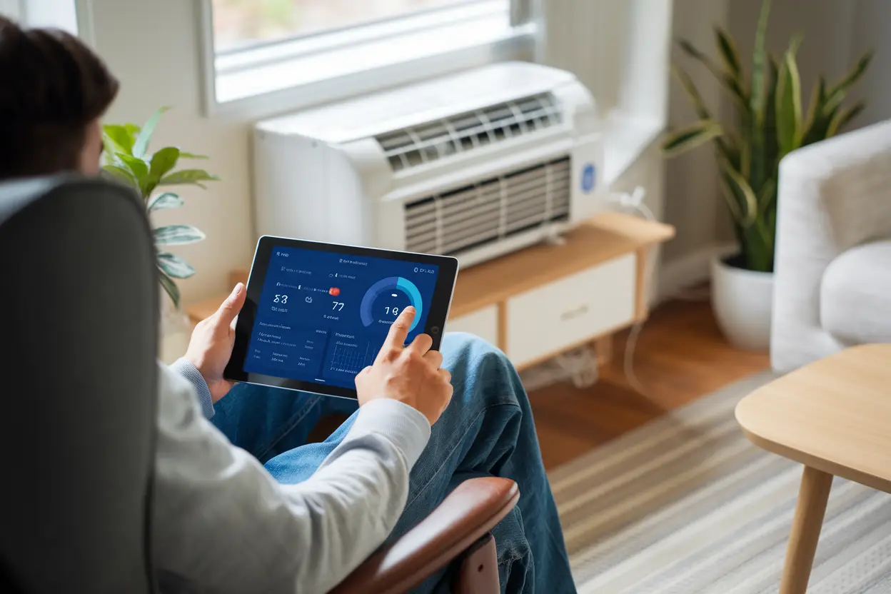 Person using a tablet to remotely monitor a heat pump system in a home environment, displaying diagnostic data on the screen, modern technology.