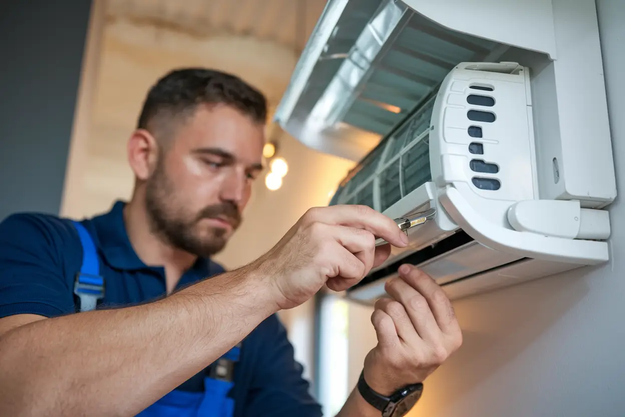 A technician adjusting a thermostat for a heat pump in a modern home, focused, using tools, realistic lighting, indoor setting.