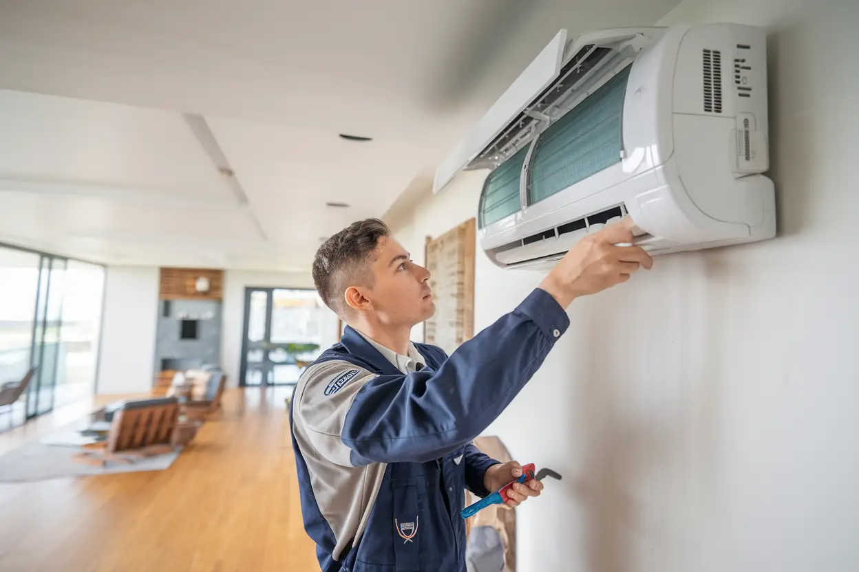 A technician installs a multi-room mini-split heat pump system in a modern home, carefully working on the indoor unit with tools in hand.