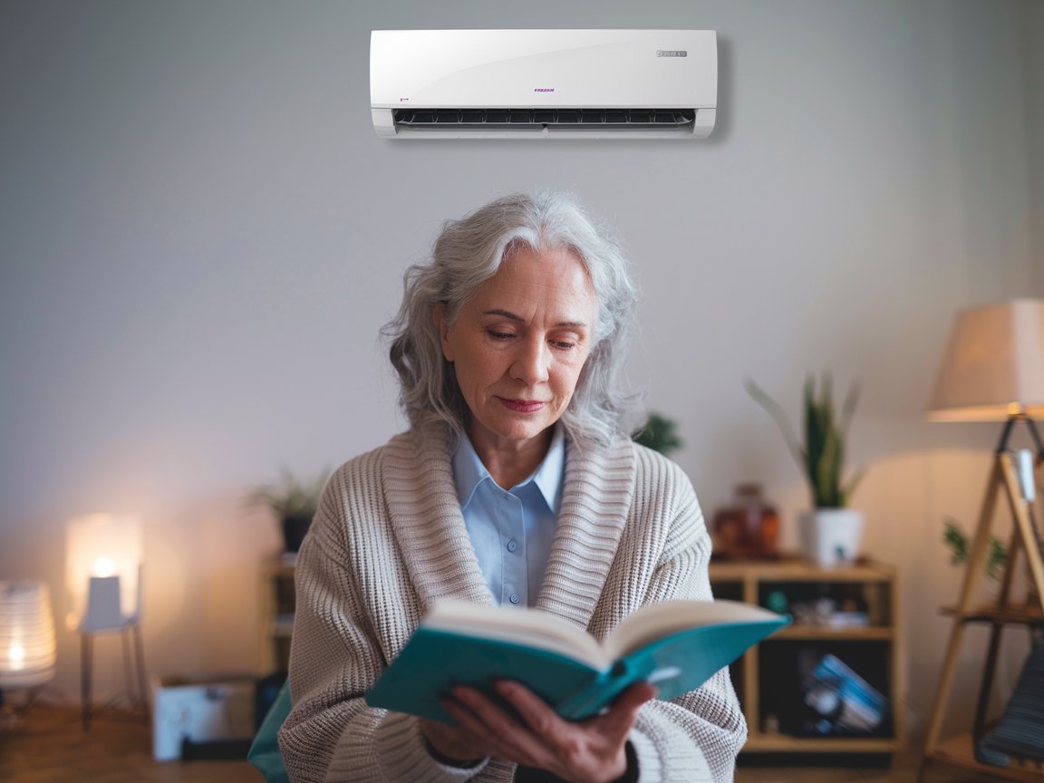 Older lady reading a book with her heat pump dehumidifier on