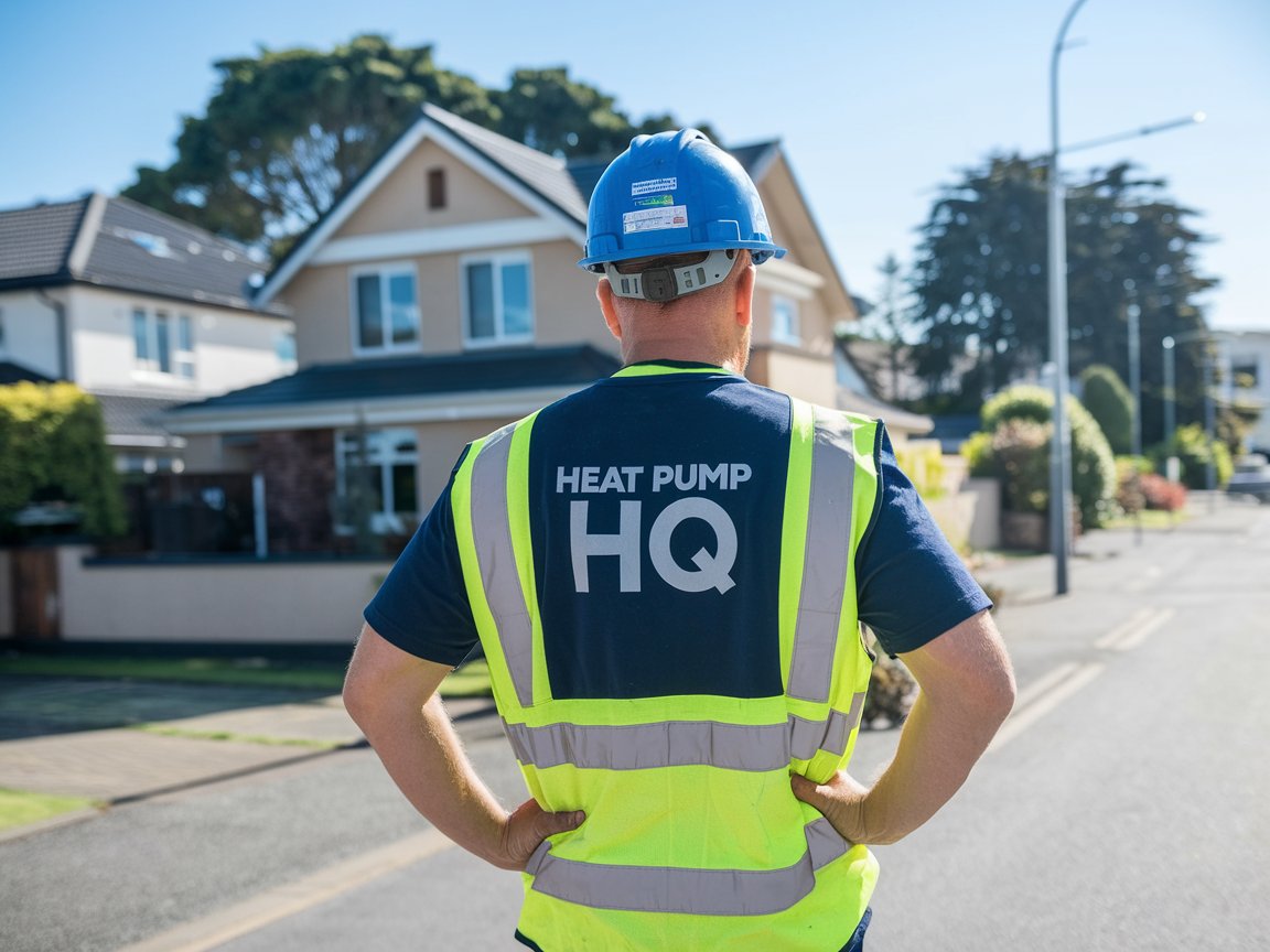 Tradesman with Heat Pump HQ dark blue shirt looking at a house In Papanui Christchurch