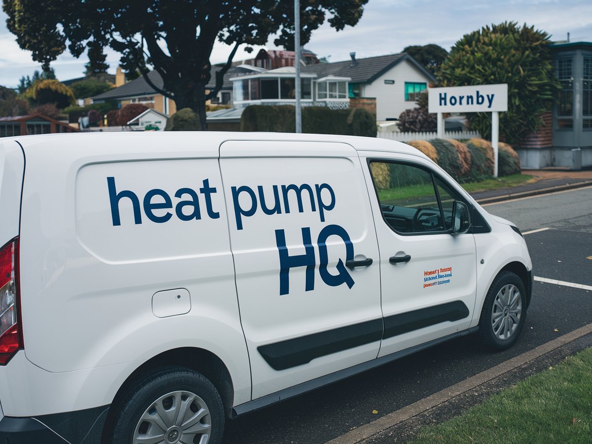 White van with Heat Pump HQ in dark blue written on the side In Hornby Christchurch