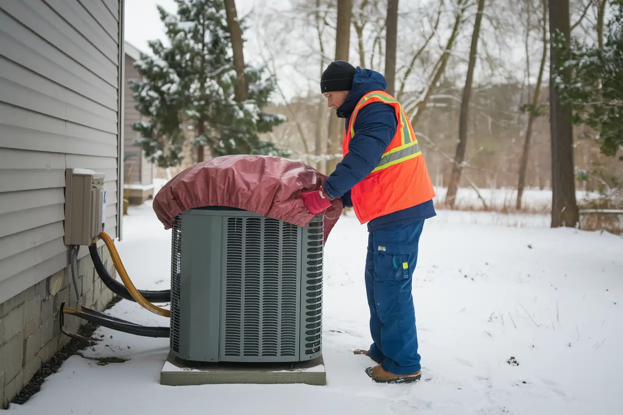 A technician in winter clothing installing a protective cover on an outdoor heat pump unit in a snowy backyard.