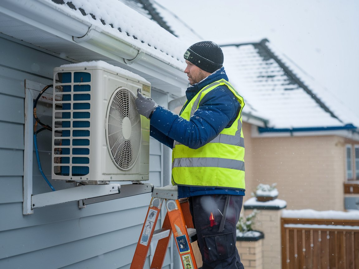 Heat Pump HQ tradesman repairing a heat pump in the snow in Christchurch