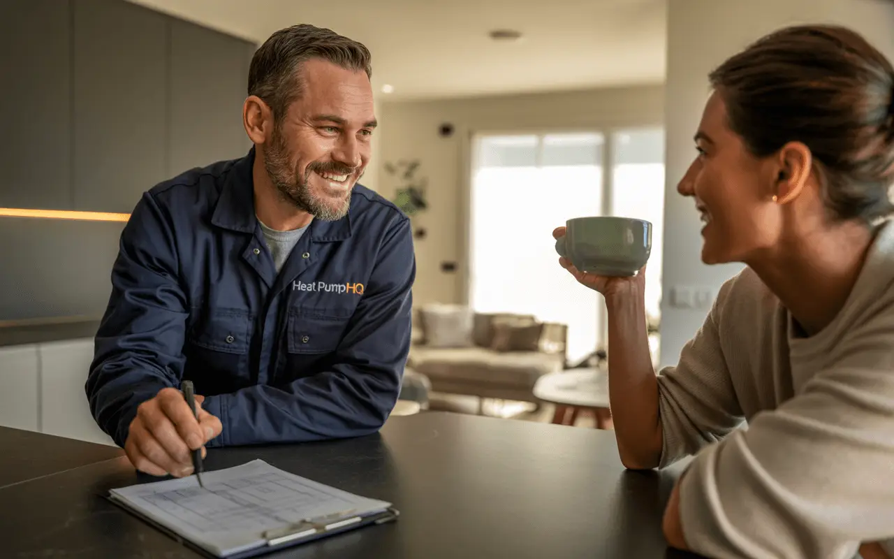 Heat Pump HQ installer talking to the home owner