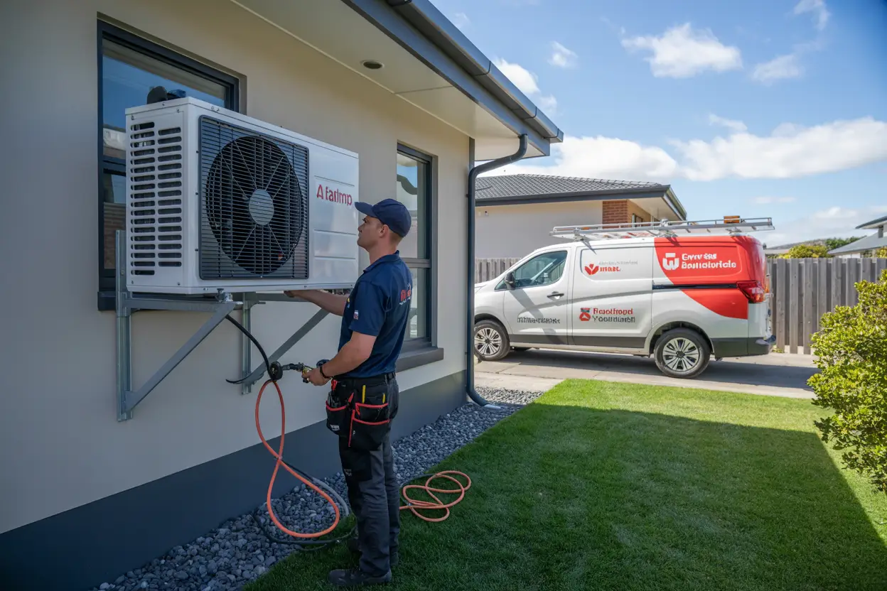 A technician installing a heat pump on the exterior wall of a modern home in Aidanfield, Christchurch, with a service van parked nearby.