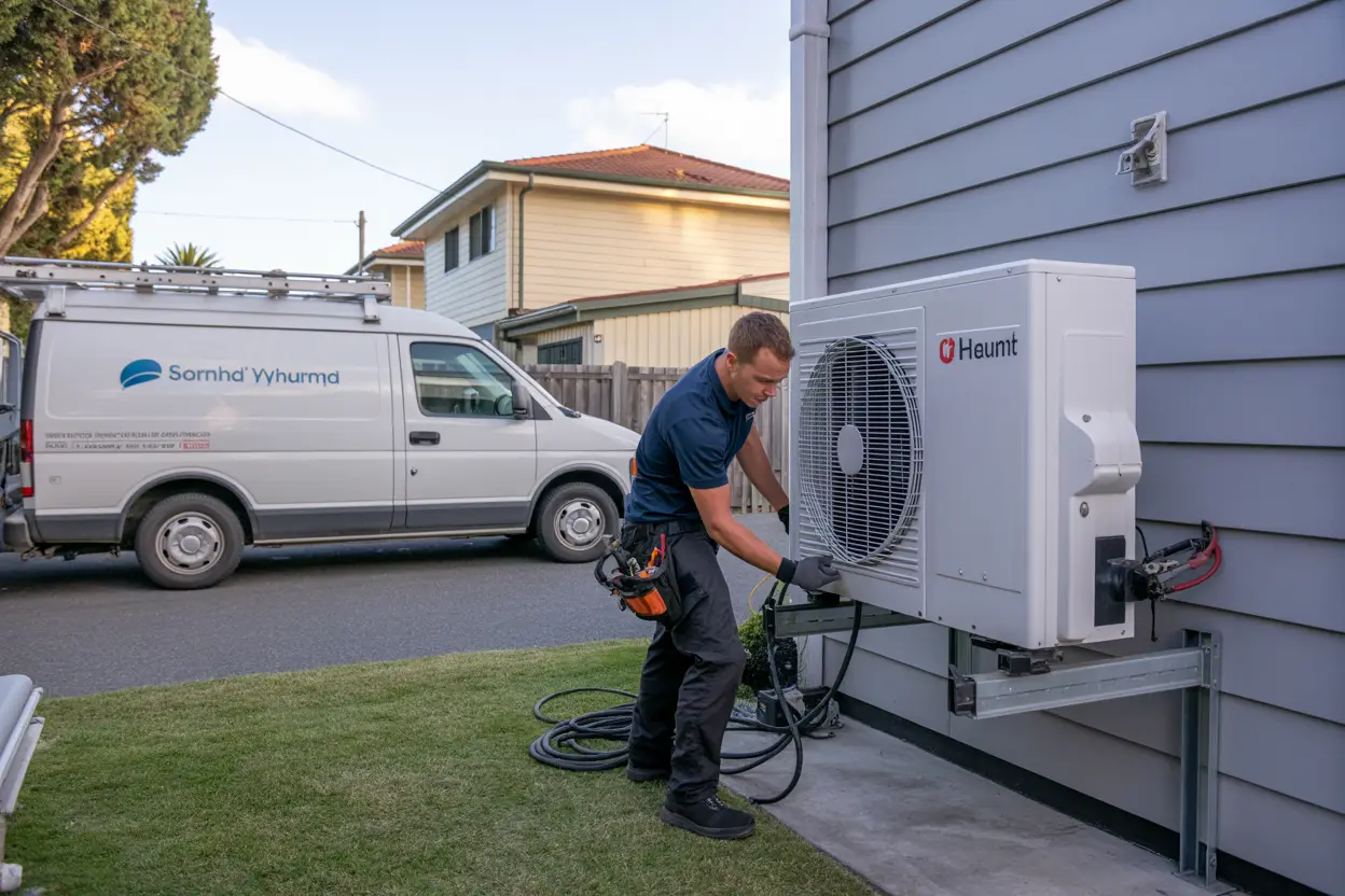 A technician installing a heat pump unit on the exterior wall of a house in a suburban Aranui Christchurch neighborhood, with a service van parked nearby.