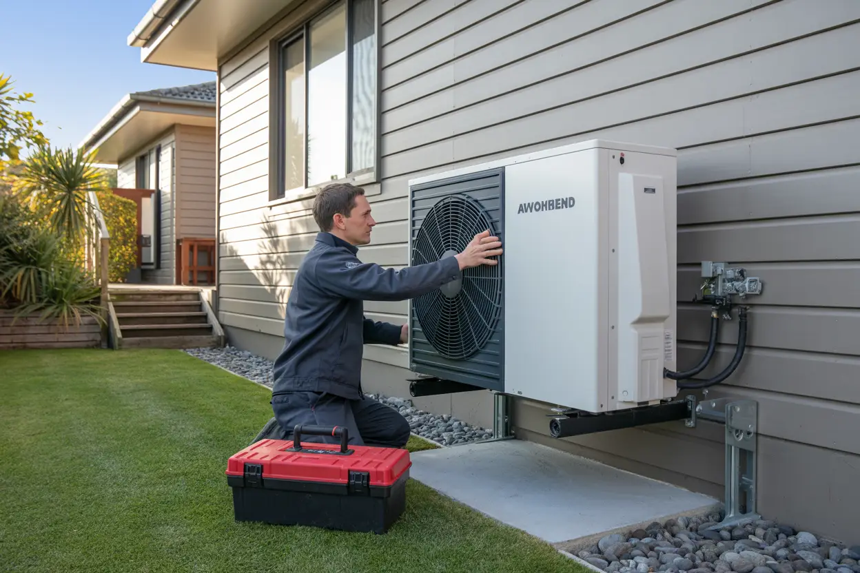 A technician installing a wall-mounted heat pump unit outside a suburban home in Avonhead, Christchurch, with a toolbox placed on the ground nearby. The scene is portrayed in a realistic style without any added text on vehicles, equipment, or uniforms.