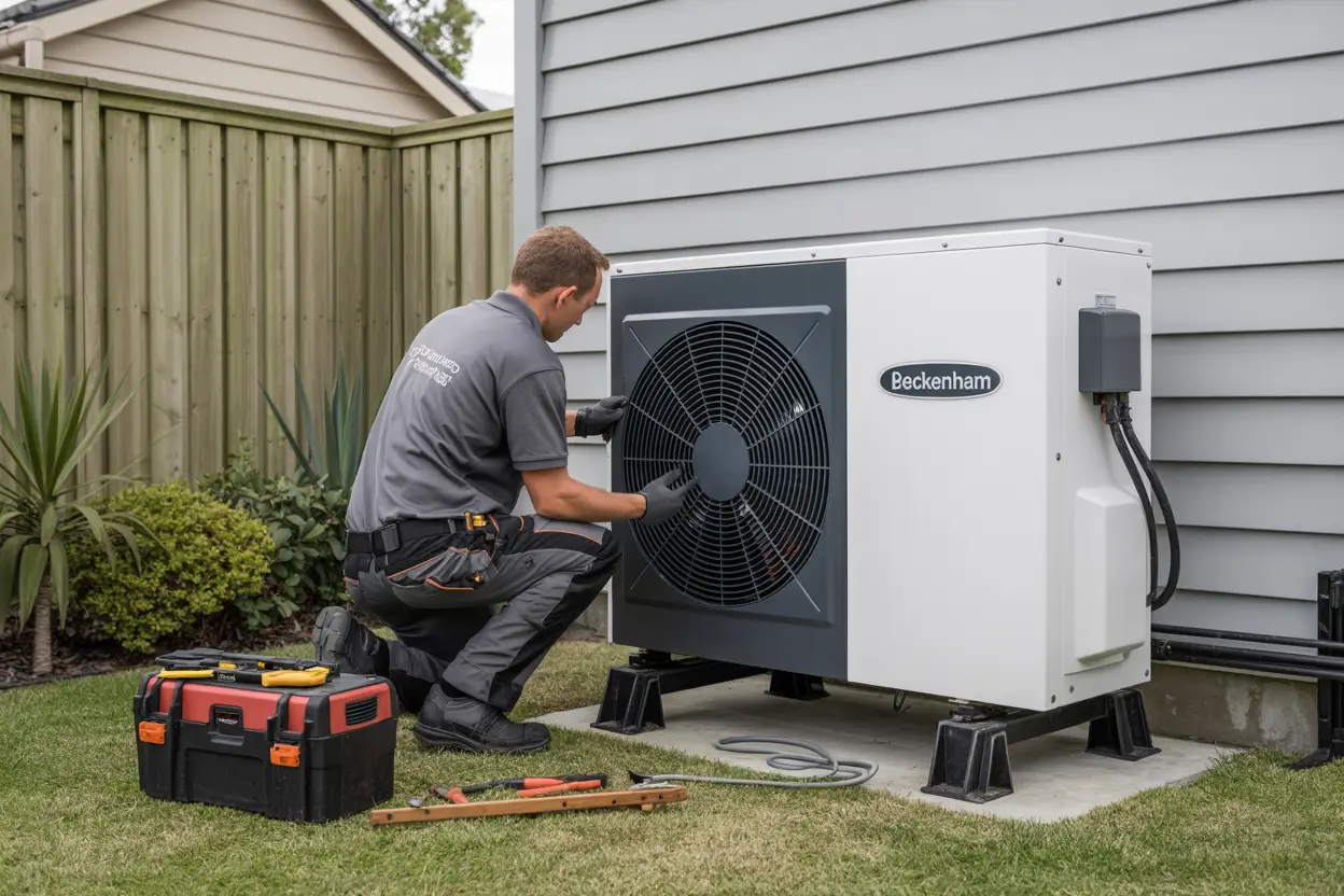 A technician installing a heat pump unit outside a house in Beckenham, Christchurch, with tools placed on the ground nearby; realistic style and no added text on vehicles, equipment, or uniforms.
