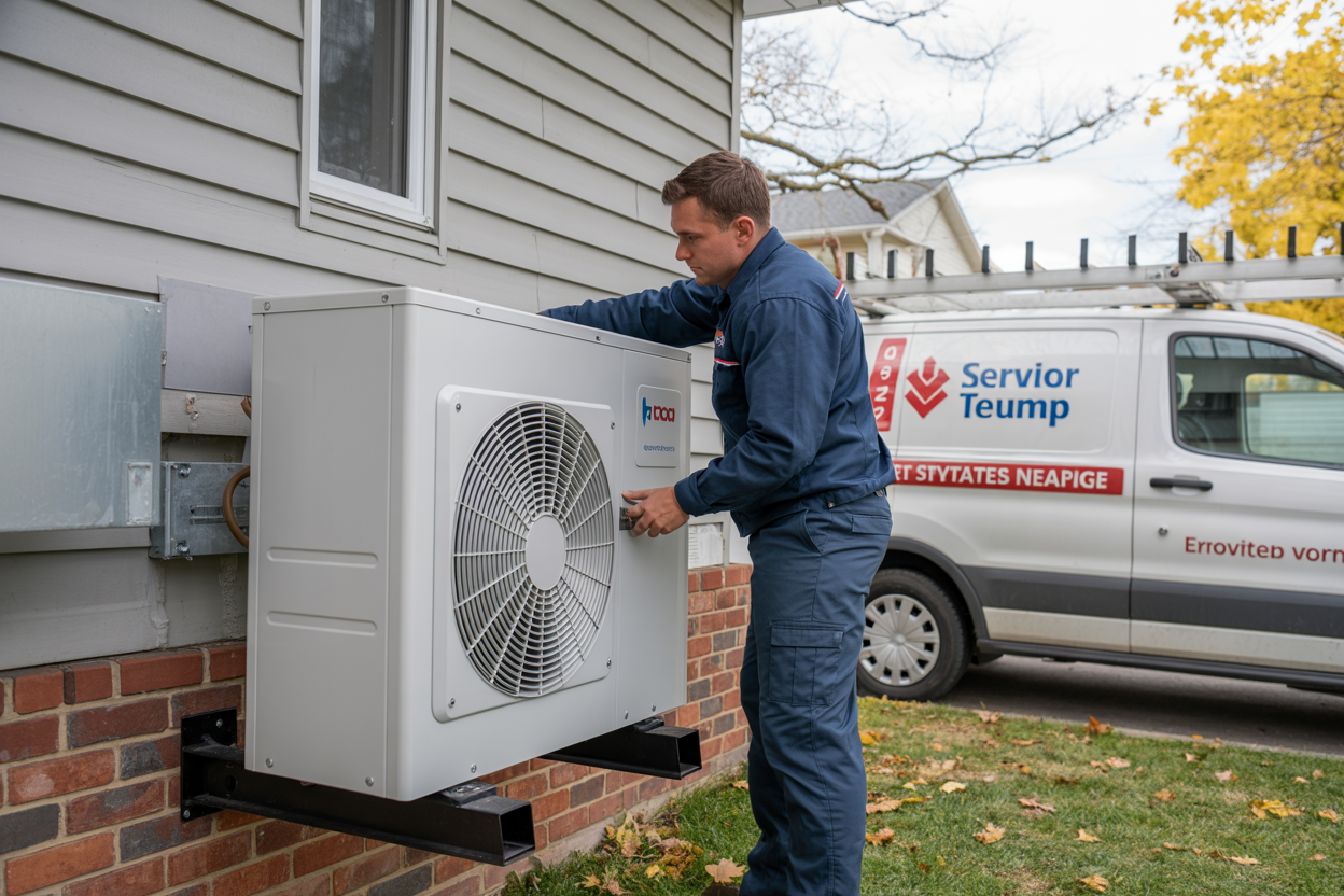 A technician installing a heat pump unit on the exterior wall of a house, with a service van parked nearby, captured in a realistic style.