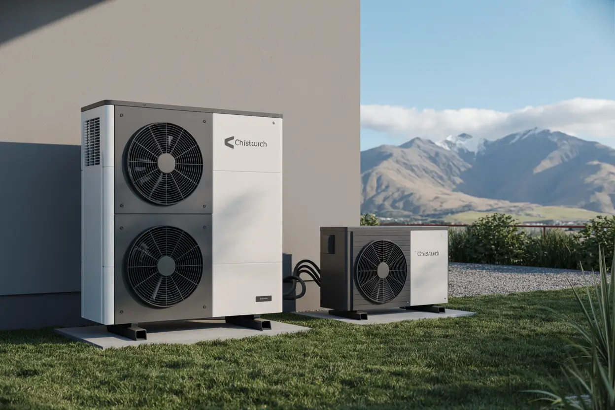 A modern exterior heat pump unit installed outside a Christchurch home with scenic mountains in the background, accompanied by a second distinct heat pump model for comparison.