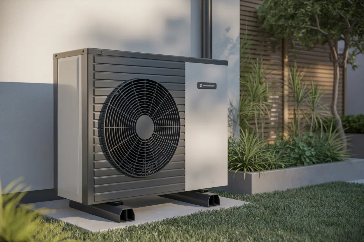 A sleek heat pump cover installed on an outdoor unit beside a house wall, complemented by a neat and well-maintained garden in the background, captured in a realistic style with no visible text or branding.