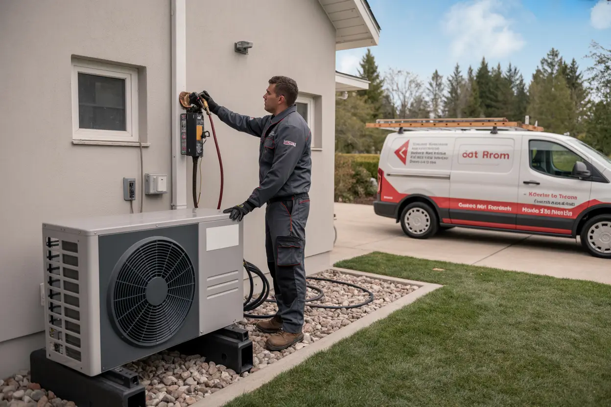 A technician in uniform installing a heat pump unit on the exterior wall of a modern home; a branded service van parked nearby.