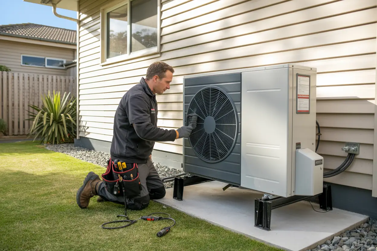 A technician installing a heat pump on the exterior wall of a suburban home in Bexley, Christchurch, with various tools and equipment visible nearby.