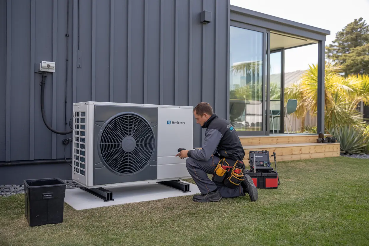 A technician works on a heat pump unit outside a modern home near Bottle Lake in Christchurch, with tools and equipment visible beside the heat pump.