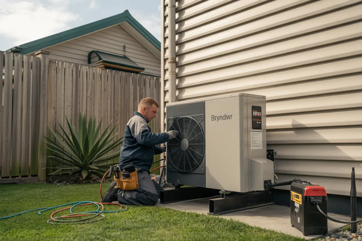 A technician installing a heat pump on the exterior wall of a suburban home in Bryndwr, Christchurch. Tools and equipment are nearby.