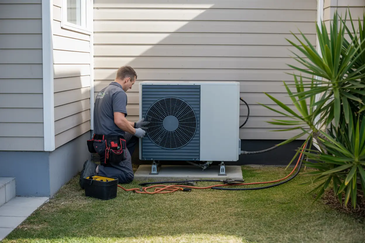A technician installs a heat pump outside a suburban home in Burnside, Christchurch, with various tools scattered on the ground nearby; the setting is realistic and free of text on vehicles, equipment, or uniforms.