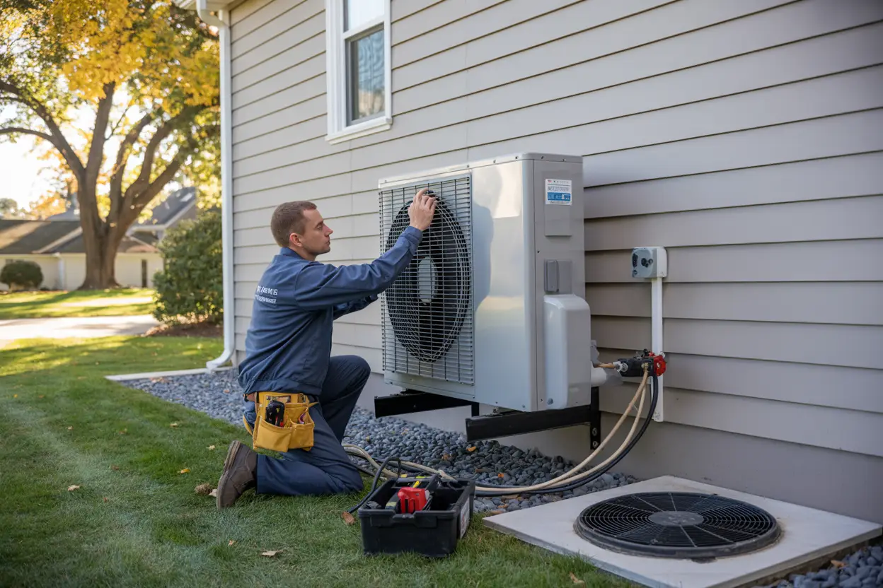 A technician installing a wall-mounted heat pump unit on the exterior siding of a suburban residential home, with various tools and installation equipment arranged neatly on the ground nearby, captured in a realistic style.