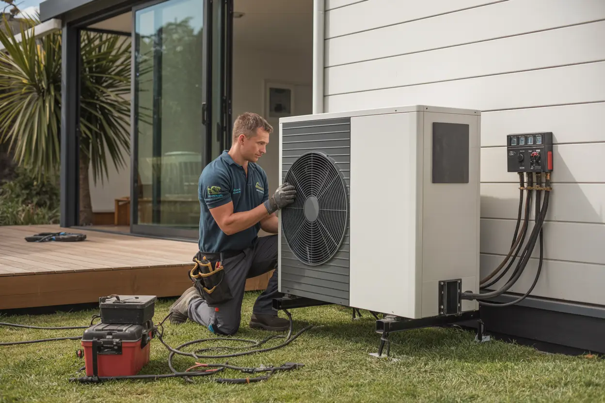 A technician installing a heat pump on the exterior wall of a modern home in Cashmere, Christchurch, with various tools and equipment nearby.