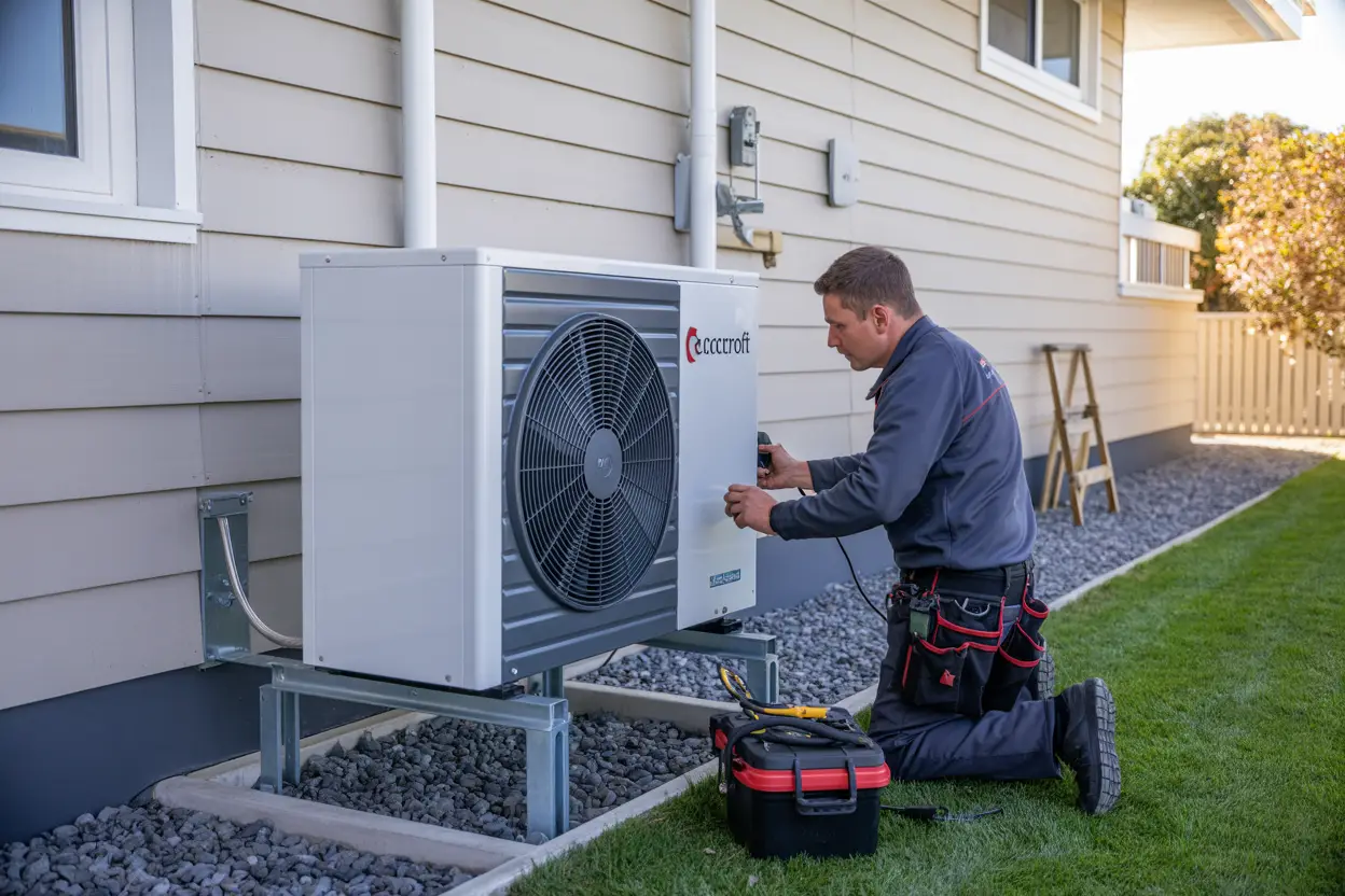 A technician installs a heat pump unit on the exterior wall of a suburban home in Cracroft, Christchurch, with tools and equipment neatly organized nearby.