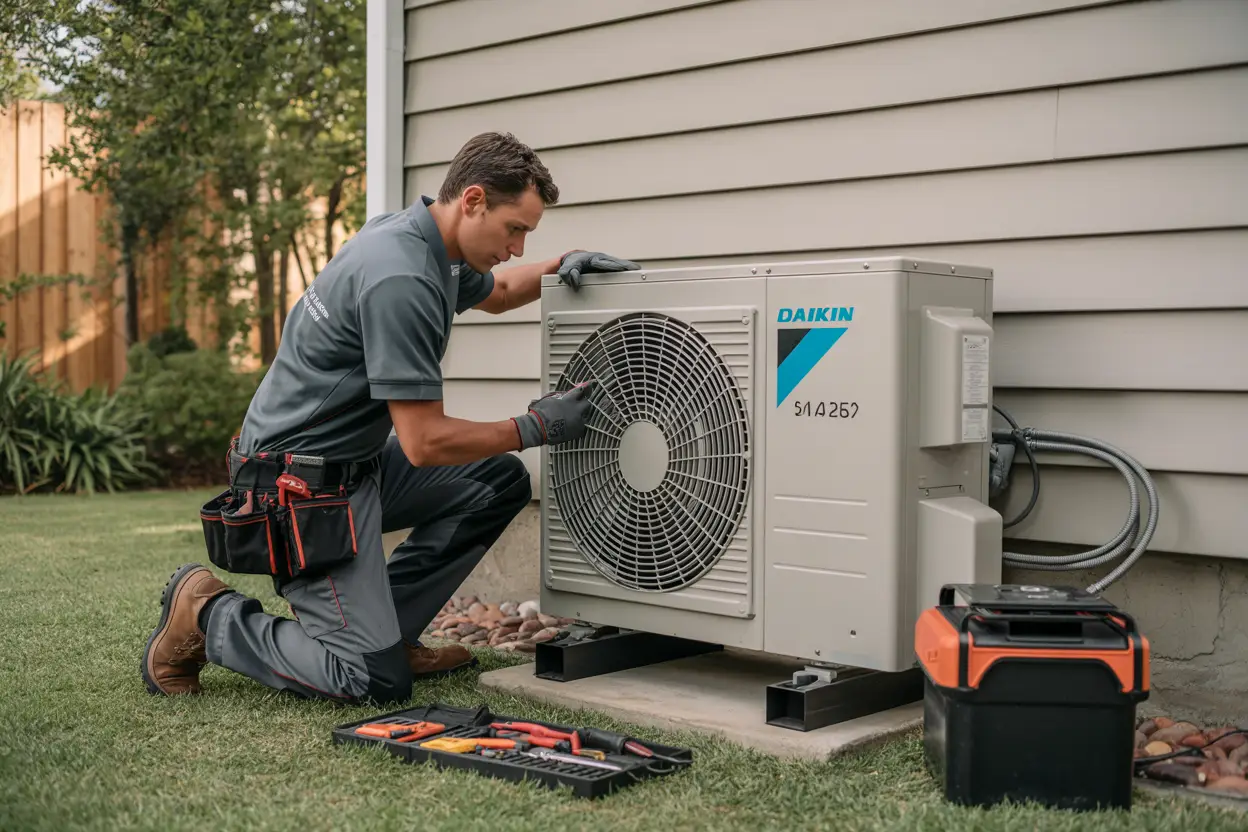 A technician in uniform working on an outdoor Daikin heat pump unit next to a house, with tools neatly placed nearby on the ground, captured in a realistic style.