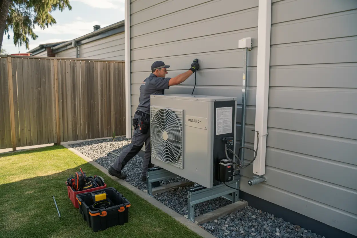 A technician installs a heat pump on the exterior wall of a suburban home in Fendalton, Christchurch. Tools and equipment are neatly arranged nearby.