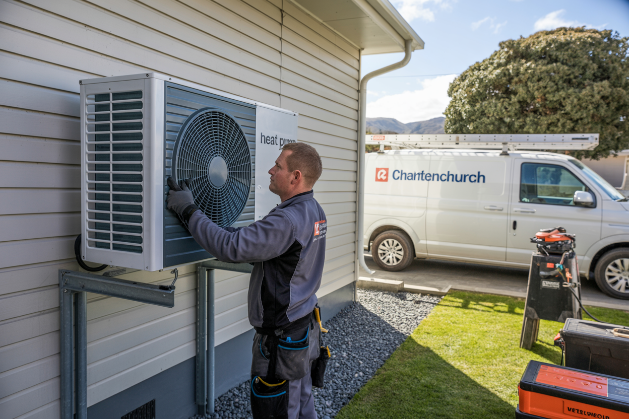 A technician installing a heat pump on the exterior wall of a house in Ferrymead, Christchurch, with tools and a service van nearby; realistic scene with no added text on vehicles, equipment, or uniforms.