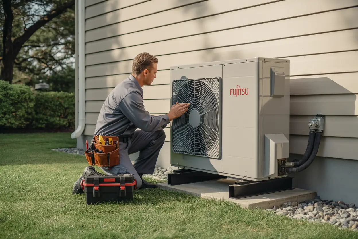 A technician in uniform checks a Fujitsu heat pump unit mounted on a house exterior, with tools placed neatly beside him in a realistic setting.