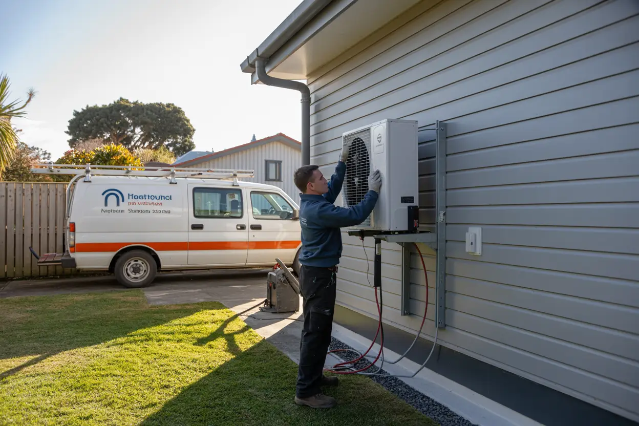 A technician installing a heat pump on the exterior wall of a house in Halswell, Christchurch, with a service van parked nearby.