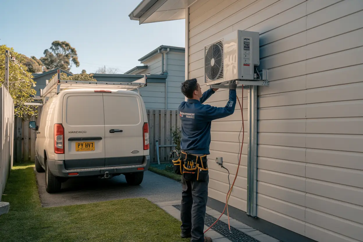 A technician installing a heat pump on a house wall in a suburban Harewood Christchurch backyard. A van with tools is parked nearby.