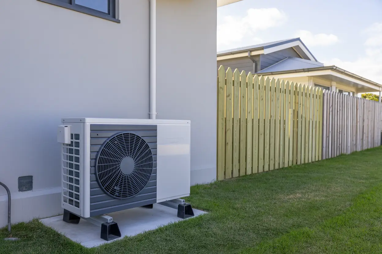 A modern heat pump unit mounted on the exterior wall of a suburban Christchurch home, featuring a clear gap between the unit and a nearby boundary fence, captured in a realistic photographic style.