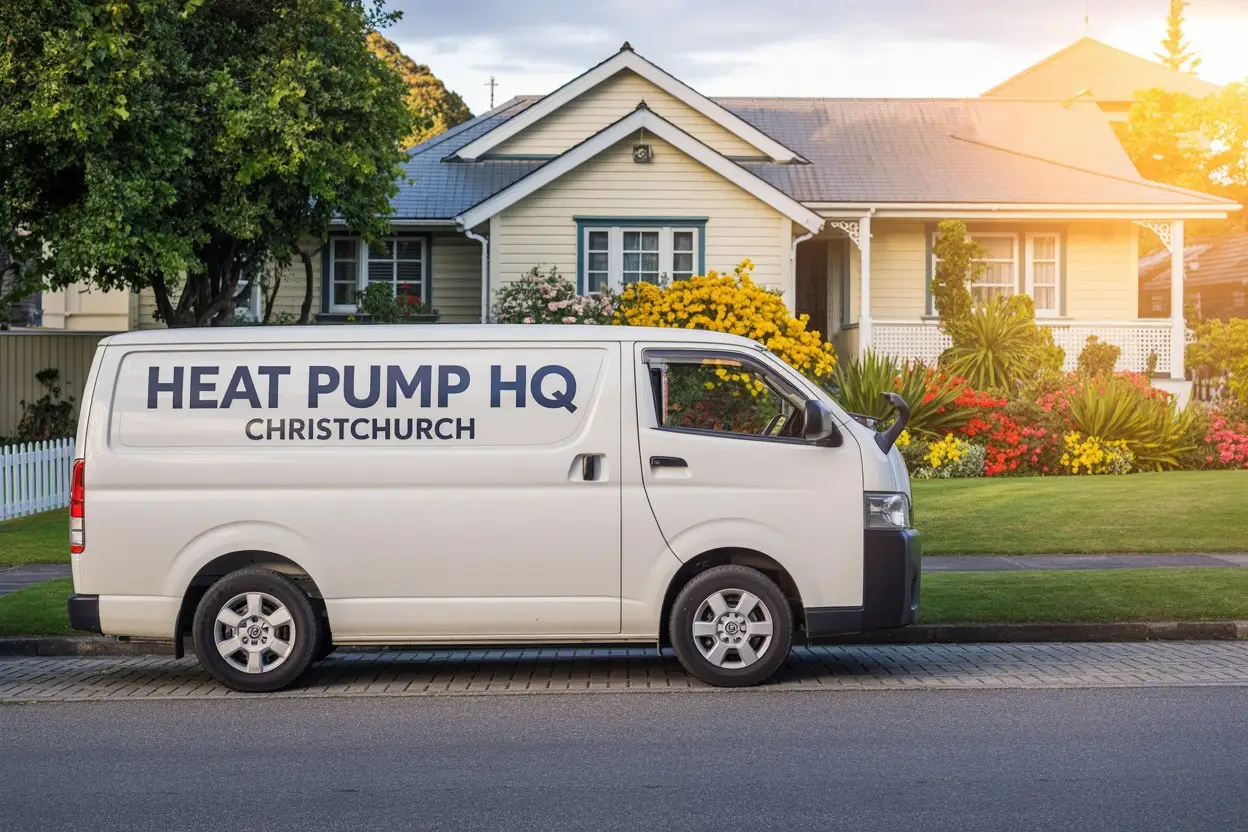 A photograph of a clean, white Toyota Hiace van parked neatly on a paved driveway in front of a charming, two-story Christchurch home. Prominently displayed on the van's side in dark blue lettering are the words "Heat Pump HQ" above the word "Christchurch", aligned perfectly. The house features a well-maintained lawn, white picket fence, and vibrant flower beds filled with red and yellow blooms, bathed in the warm glow of a late afternoon sun. The scene is peaceful and suburban, suggesting a quiet residential street.