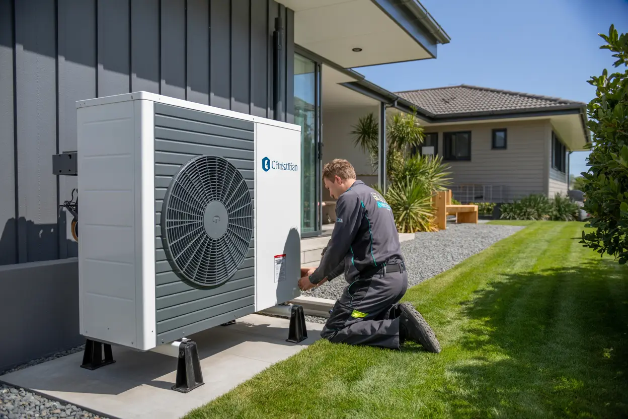 A heat pump being installed outside a house in Christchurch, with a technician working nearby. A modern home and neatly trimmed lawn in the background.