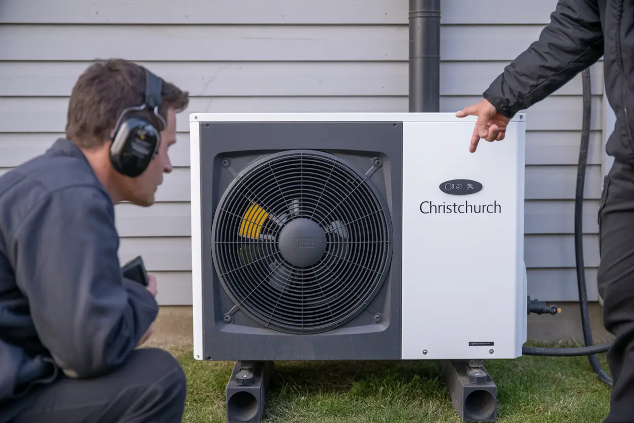 Close-up of a heat pump unit outside a home in Christchurch, with one person wearing earmuffs inspecting the unit while another person points at the fan.