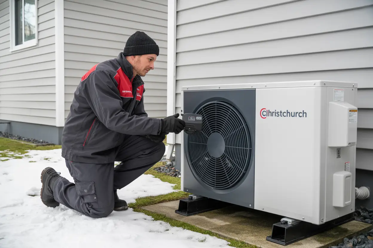 A technician inspecting a heat pump unit outside a Christchurch home with snow on the ground, indicating cold weather.