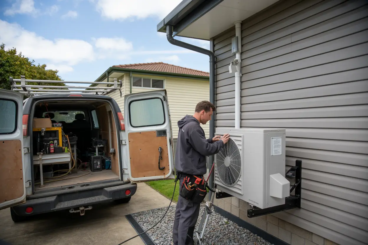 A technician installing a heat pump unit on the exterior wall of a suburban home, with a tool-laden van parked nearby in a Riccarton Christchurch neighborhood.