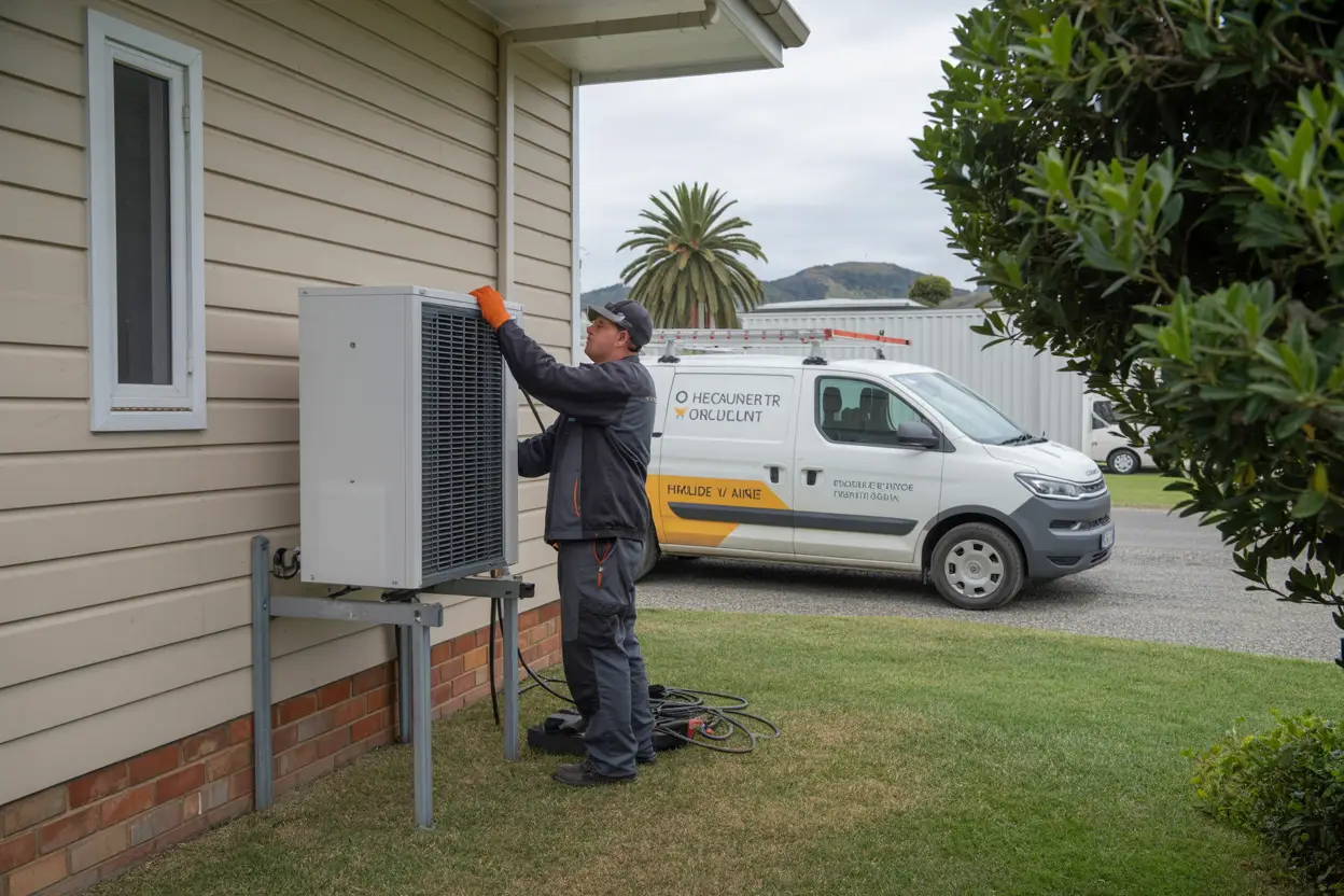 A technician installing a heat pump unit outside a house in Heathcote Valley, Christchurch, with a service van parked nearby in a realistic outdoor setting.