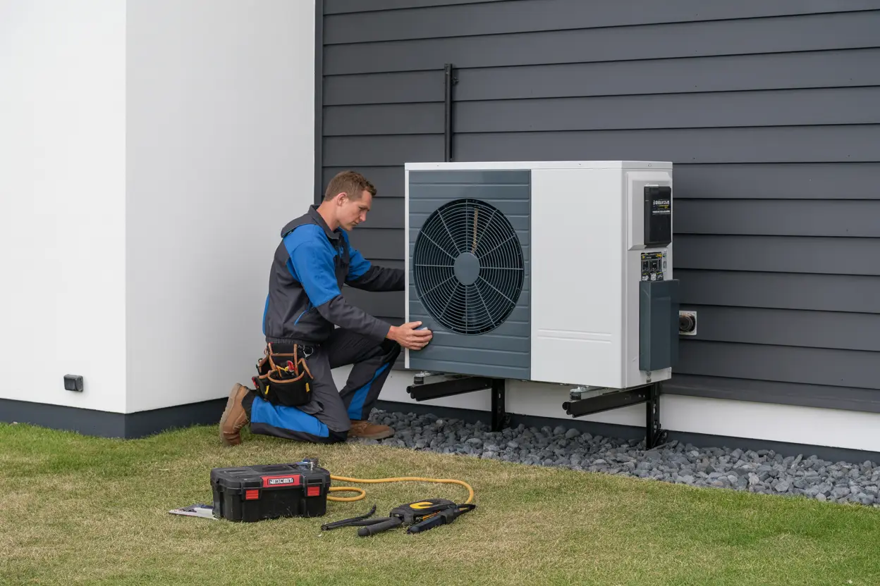 A technician installing a heat pump on the exterior wall of a modern house in Hillmorton, Christchurch, with tools neatly arranged on the ground nearby, depicted in a realistic style.