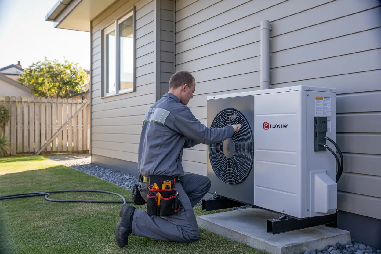 A technician installing a heat pump on the exterior wall of a home in Hoon Hay, Christchurch, with tools and equipment visible nearby.