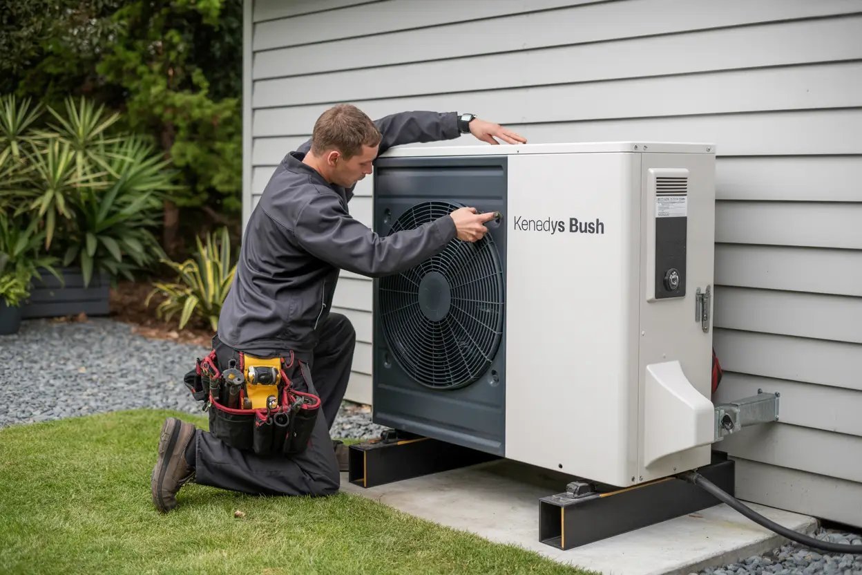 A technician installing a heat pump unit outside a house in Kennedys Bush, Christchurch, with tools and equipment visible nearby; realistic style, no added text on vehicles, equipment, or uniforms.