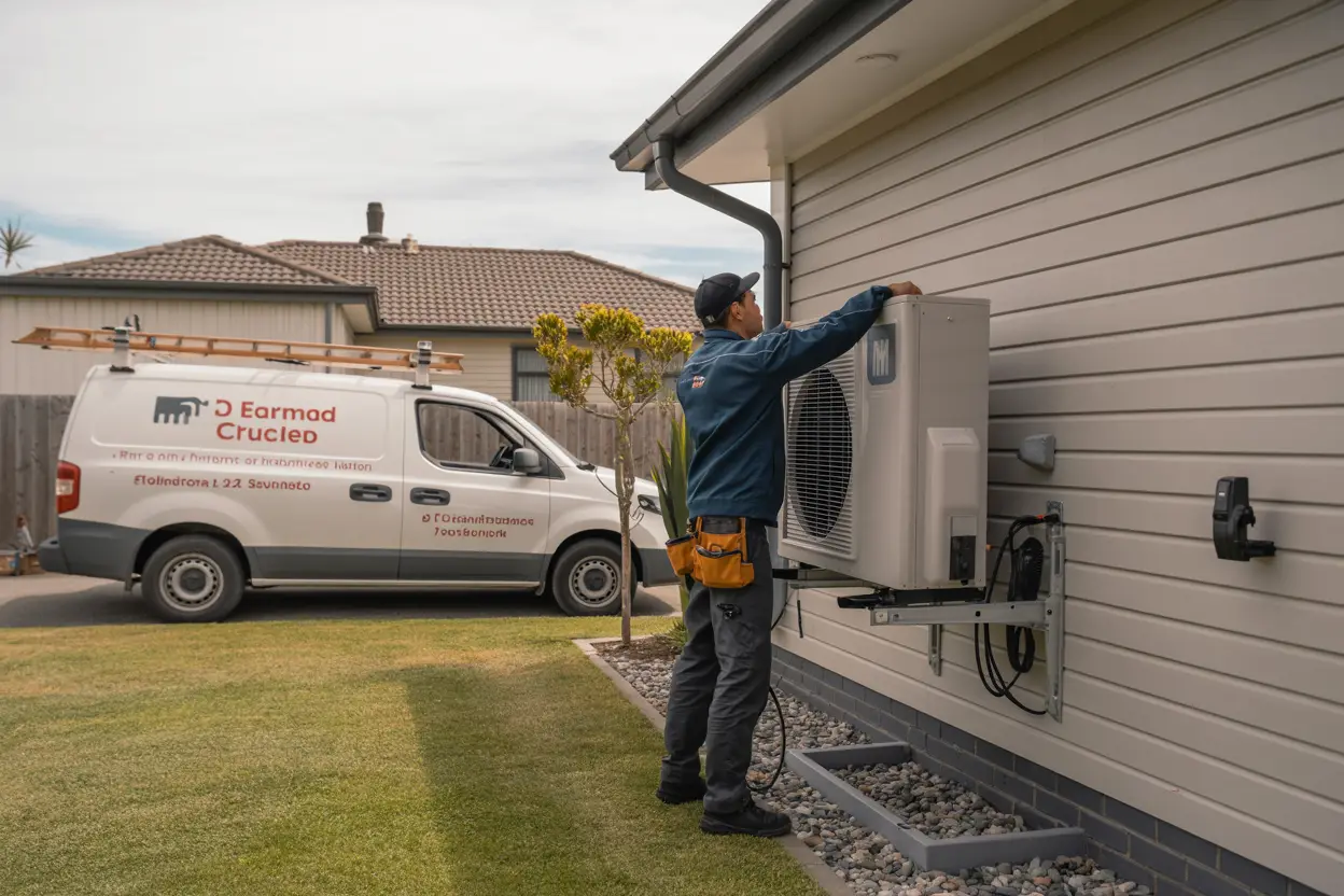 A technician installing a heat pump on the exterior wall of a suburban home in Lincoln, Christchurch, with a service van parked in the driveway nearby. Realistic style.