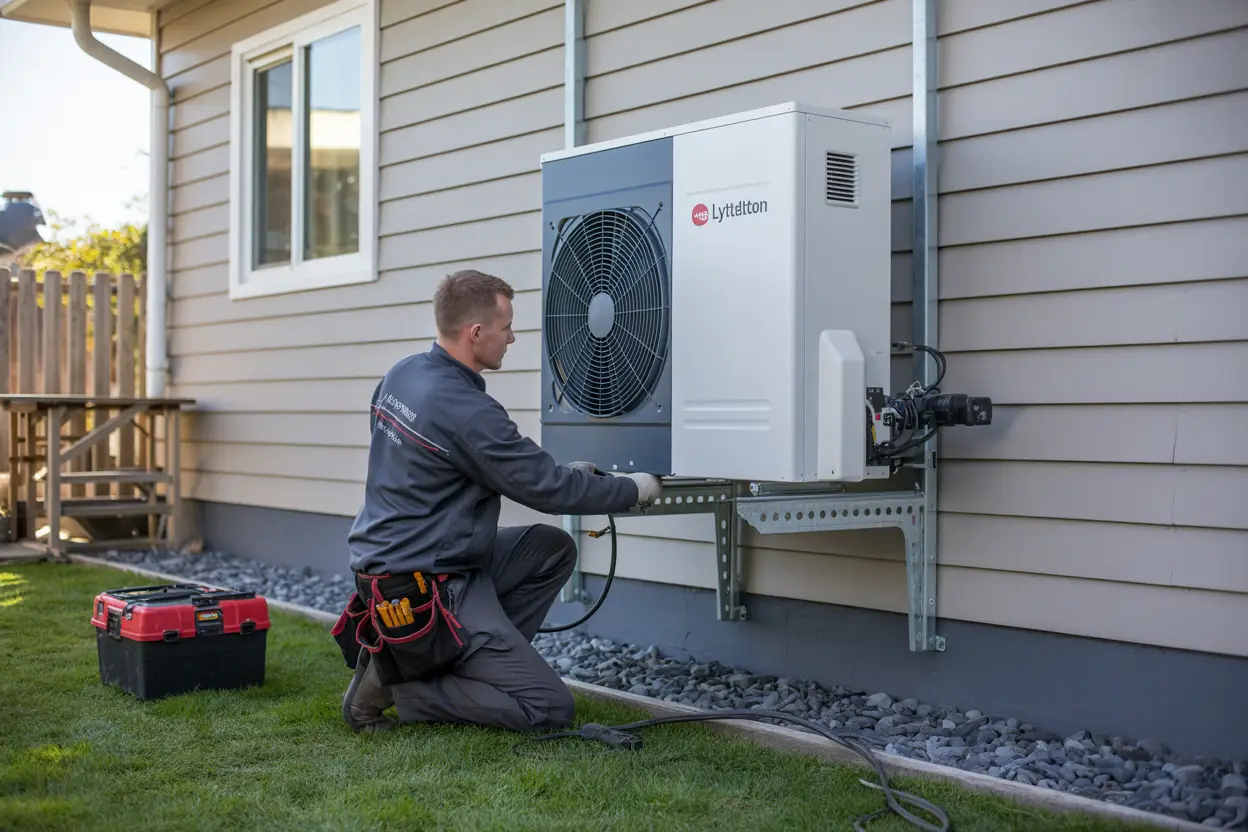 A technician installs a heat pump on the exterior wall of a house in Lyttelton, Christchurch, with tools and equipment placed nearby.