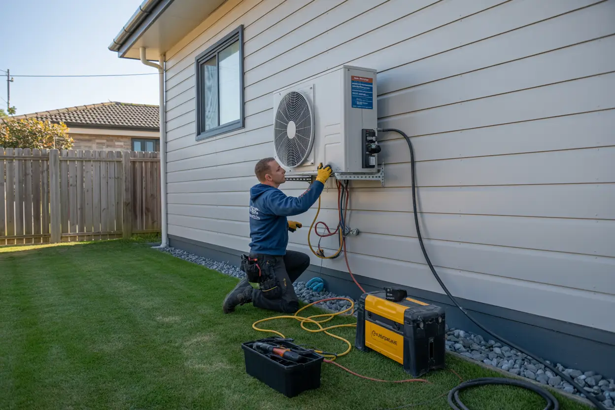 A technician installing a heat pump on the exterior wall of a suburban home in Mairehau, Christchurch, with tools and equipment nearby.