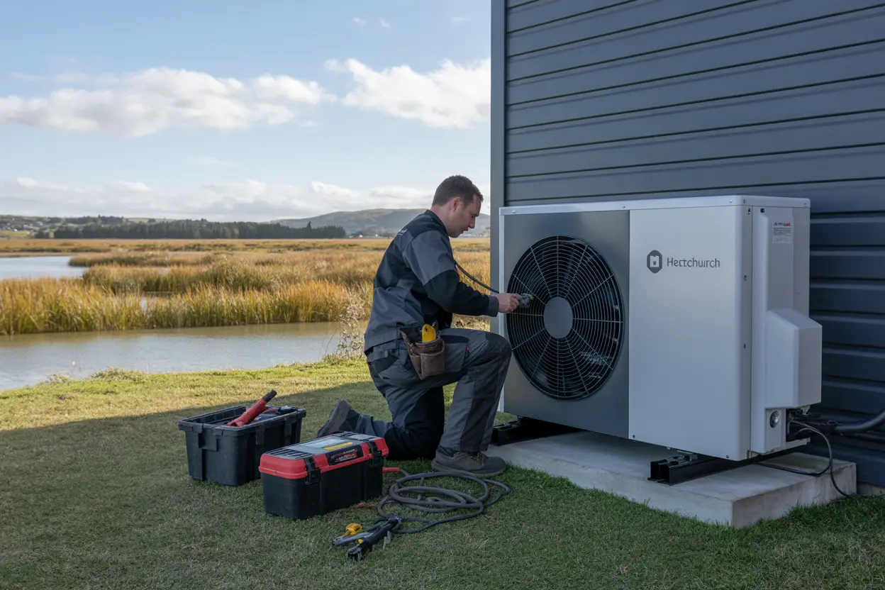 A technician working on a heat pump unit outside a home near the edge of a marshland in Christchurch, with tools placed nearby, depicted in a realistic style.